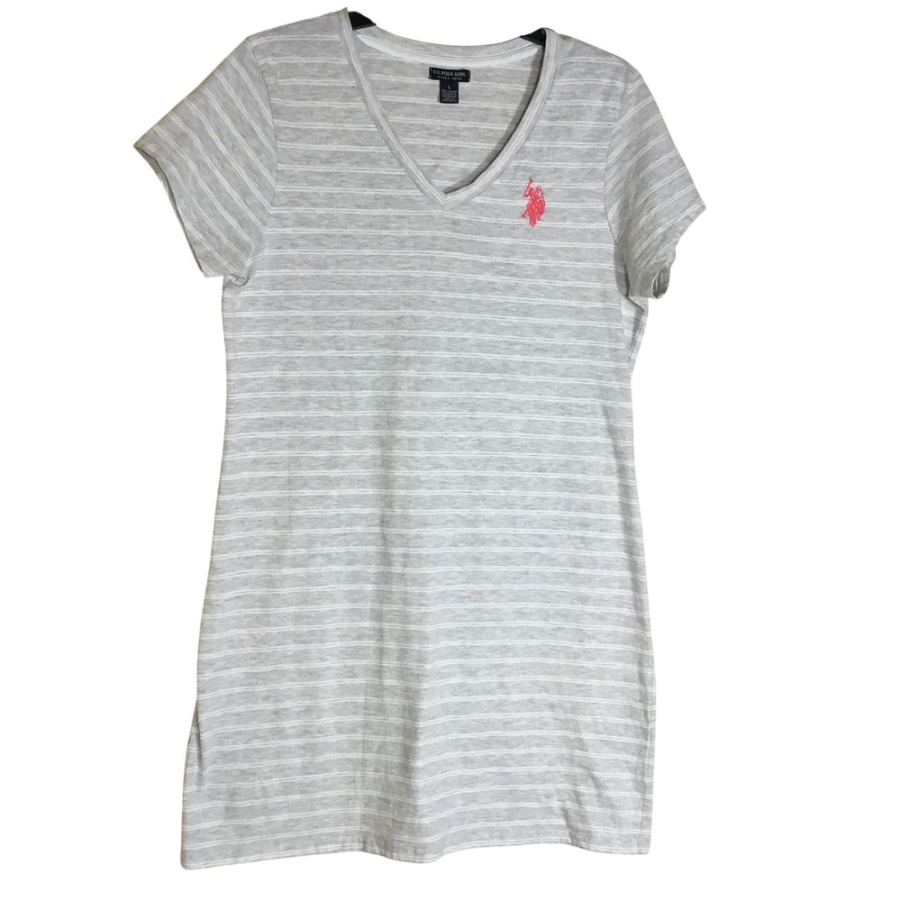 US Polo Assn Womens Grey White Striped V-Neck T-Shirt Dress Short Sleeve Large